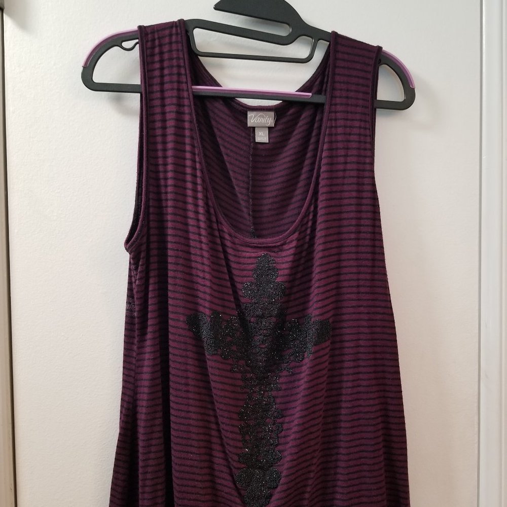 Scoop neck striped tank top  with lace inset and vcaviar beading cross